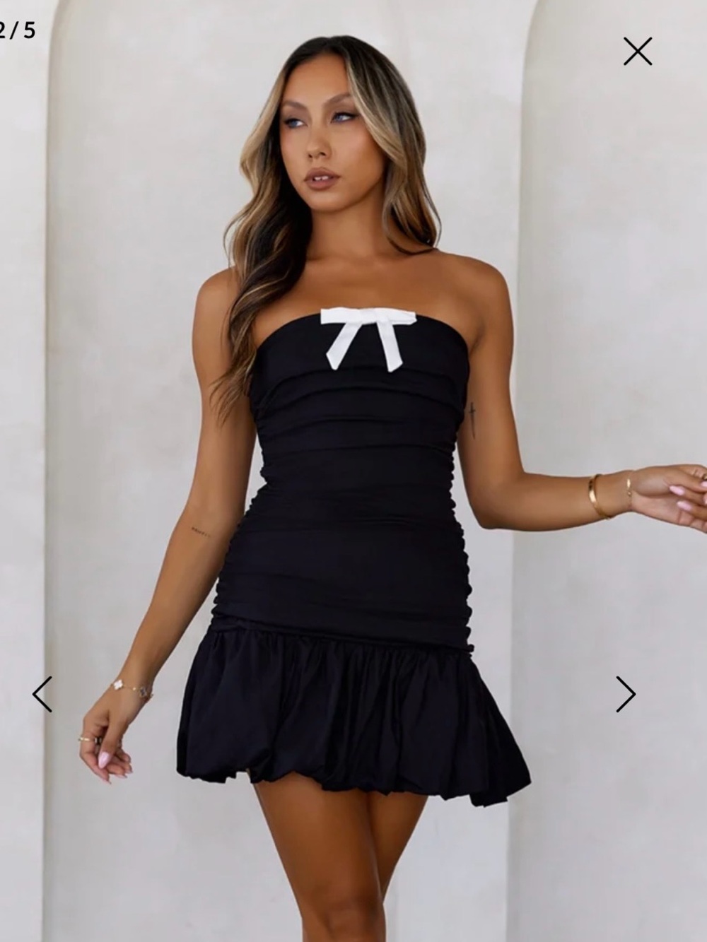 Hello Molly Black Strapless Mini Dress with White Bow